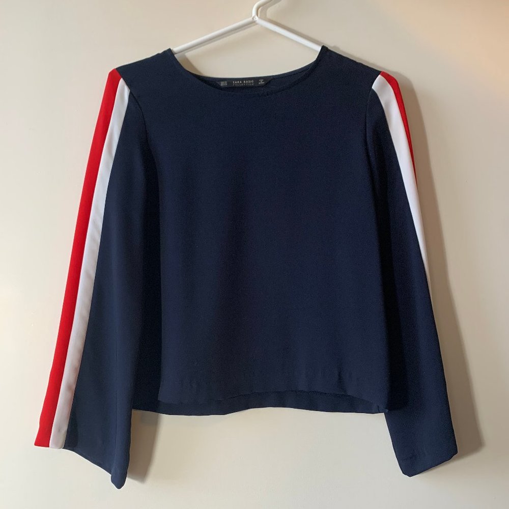 Zara blue top with striped sleeves